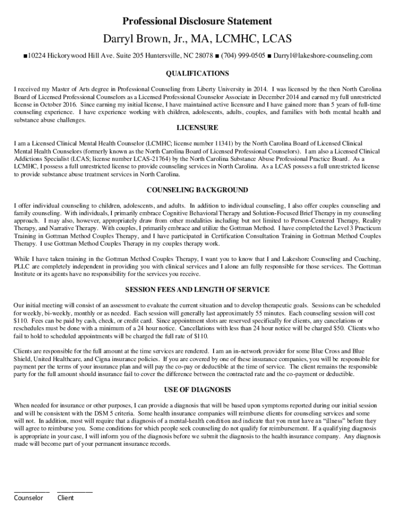 Darryl Brown, Jr , MA, LCMHC, LCAS  Form