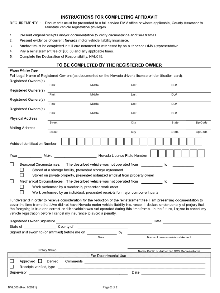 Dormant Vehicle Affidavit NVL 003 DMV  Form