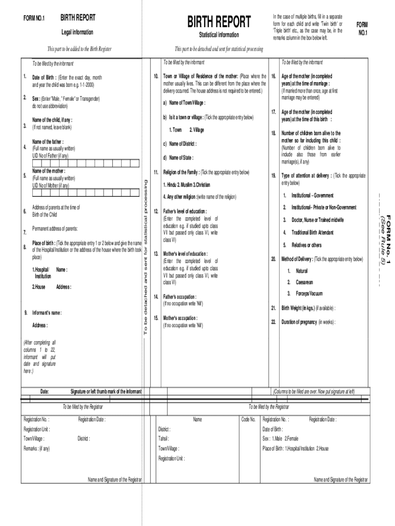 Birth Report Form No 1 PDF