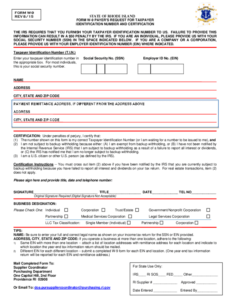  FORM W9 REV 815State of Rhode Island FORM W9 PAYE 2015-2024