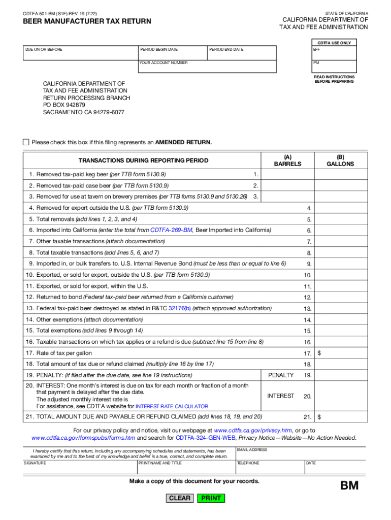  CDTFA 501 BM, Beer Manufacturer Tax Return 2022-2024