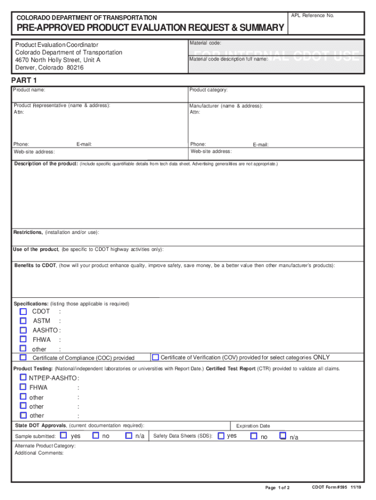 COLORADO DEPARTMENT of TRANSPORTATION PRE APPROVED PRODUCT  Form