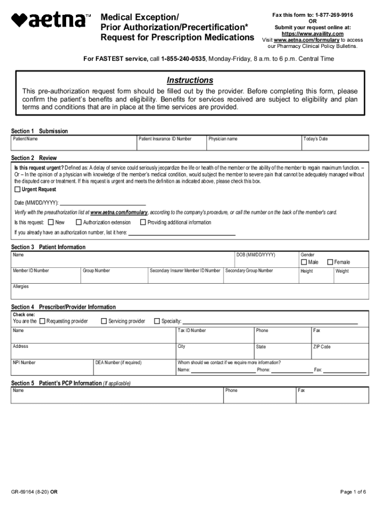 Aetna Medical ExceptionPrior AuthorizationPrecertification Request for Prescription Medications Accessible PDF Aetna Medical Exc  Form