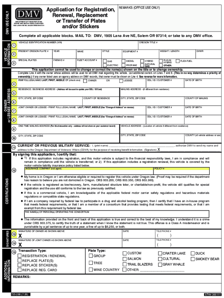 Vehicle Registration RenewReplaceTransfer Oregon Gov  Form