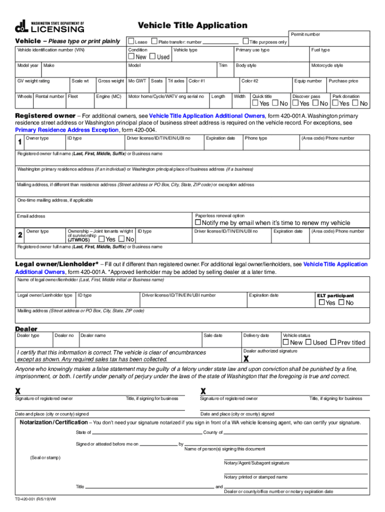Form TD 420 001 'Vehicle Title Application' Washington