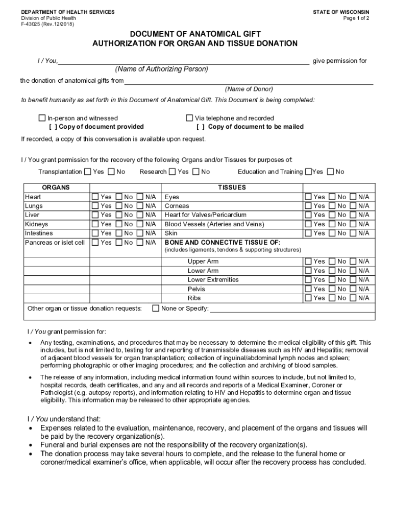 Document of Anatomical Gift Wisconsin Department of  Form