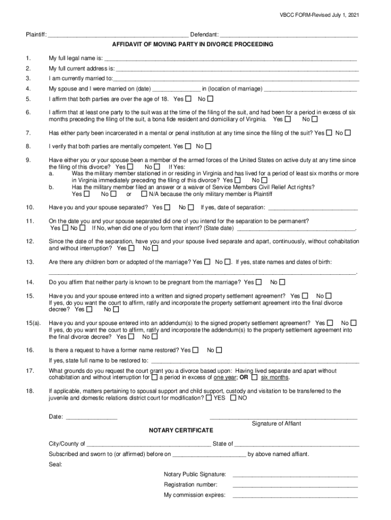 Affidavit of Moving Party in Divorce Without Court Hearing  Form