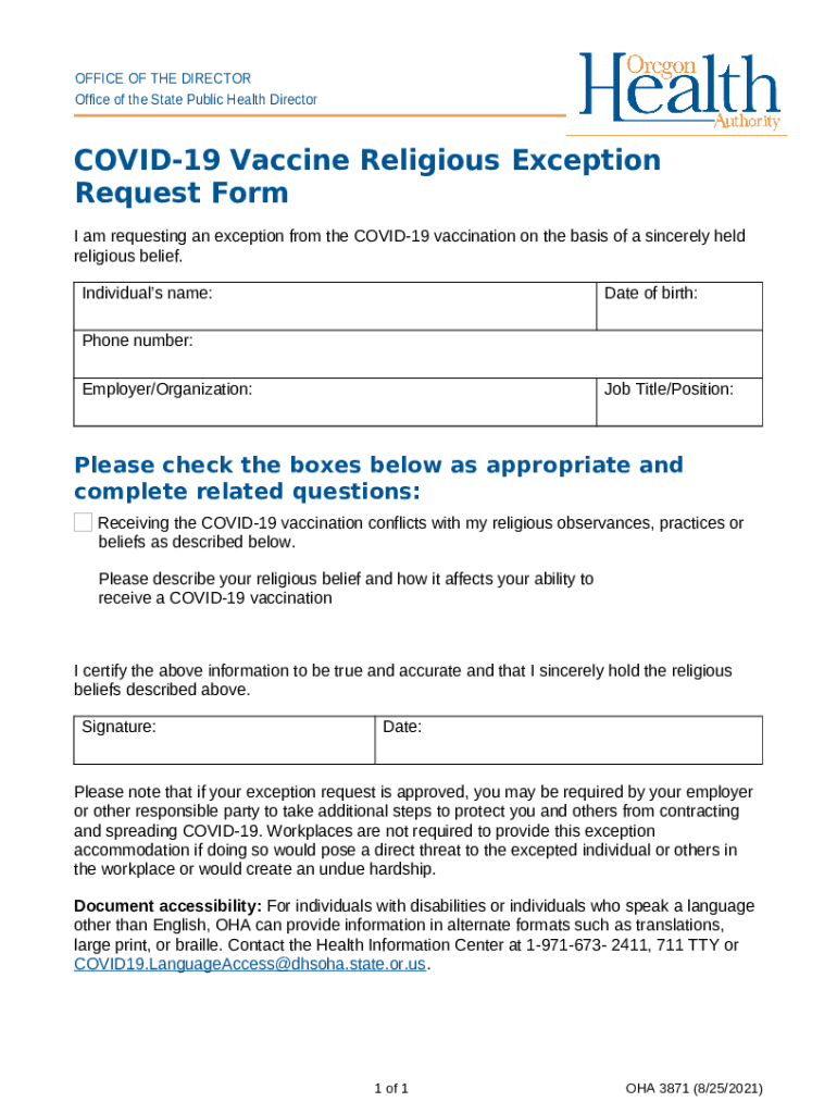 OHA 3871 COVID 19 Vaccine Religious Exception Request Form
