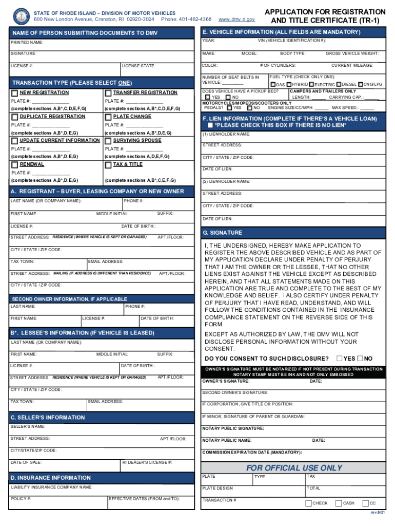  Form Tr 1 Application for Registration and Title Certificate 2021