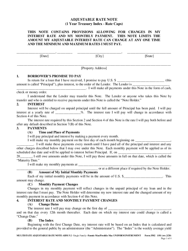  ADJUSTABLE RATE NOTE 1 Year Treasury Fannie Mae 2020-2024