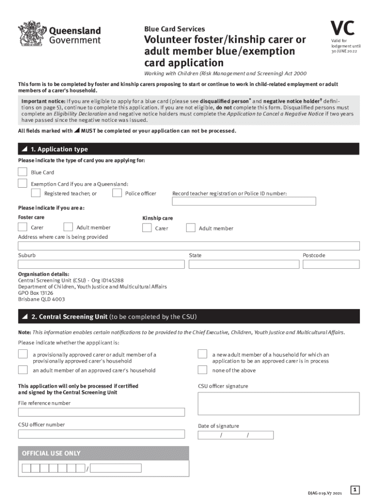  Blue Card Application Department of Children, Youth Justice 2021-2024