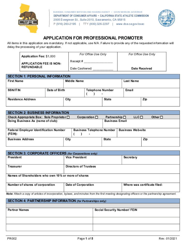  California State Athletic Commission Application for Professional Promoter California State Athletic Commission Application for  2021-2024