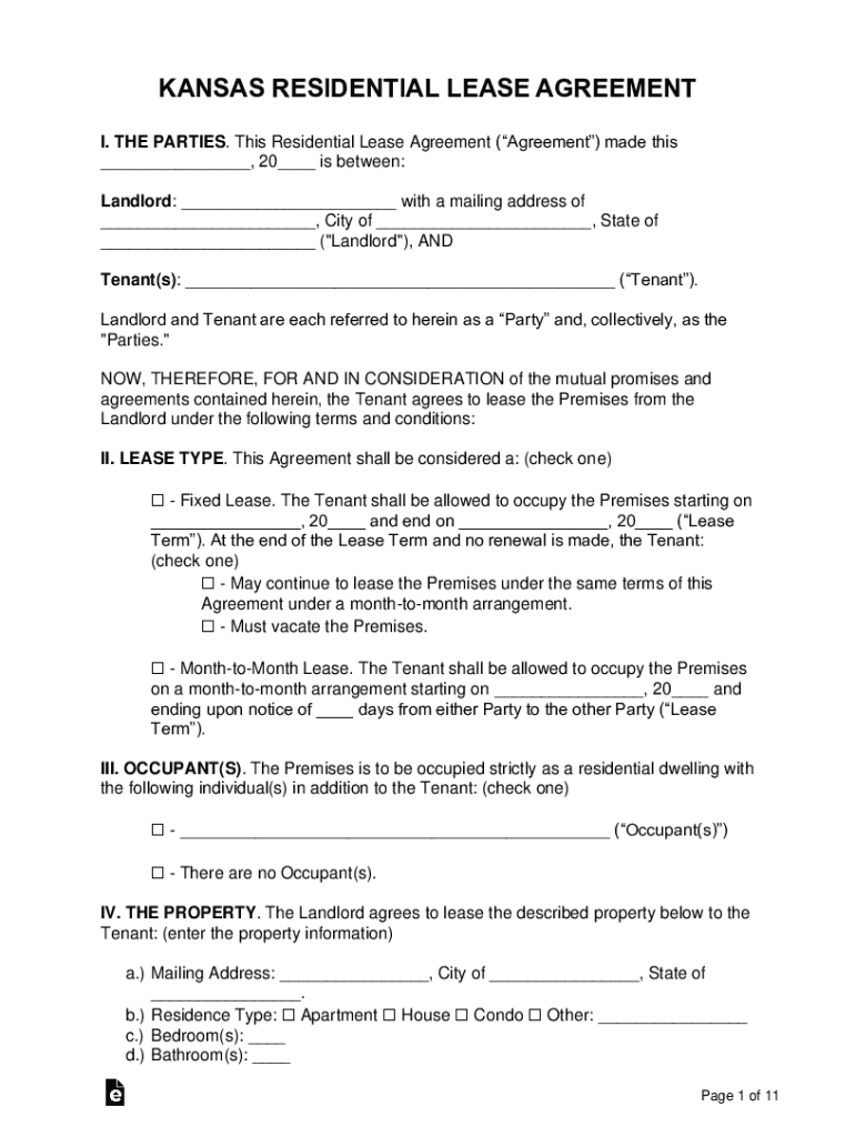 Kansas Residential Lease Agreement Legal Form