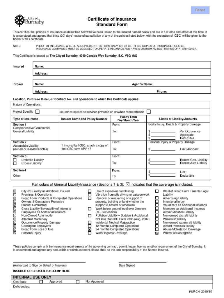 ResetCertificate of Insurance Standard Form This C