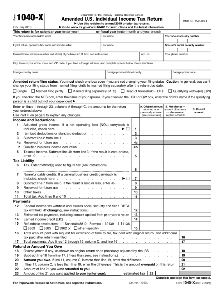 Get and Sign Form 1040 X Rev July Amended U S Individual Income Tax Return 2021-2022