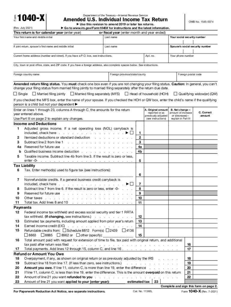  Form 1040 X Rev July Amended U S Individual Income Tax Return 2021