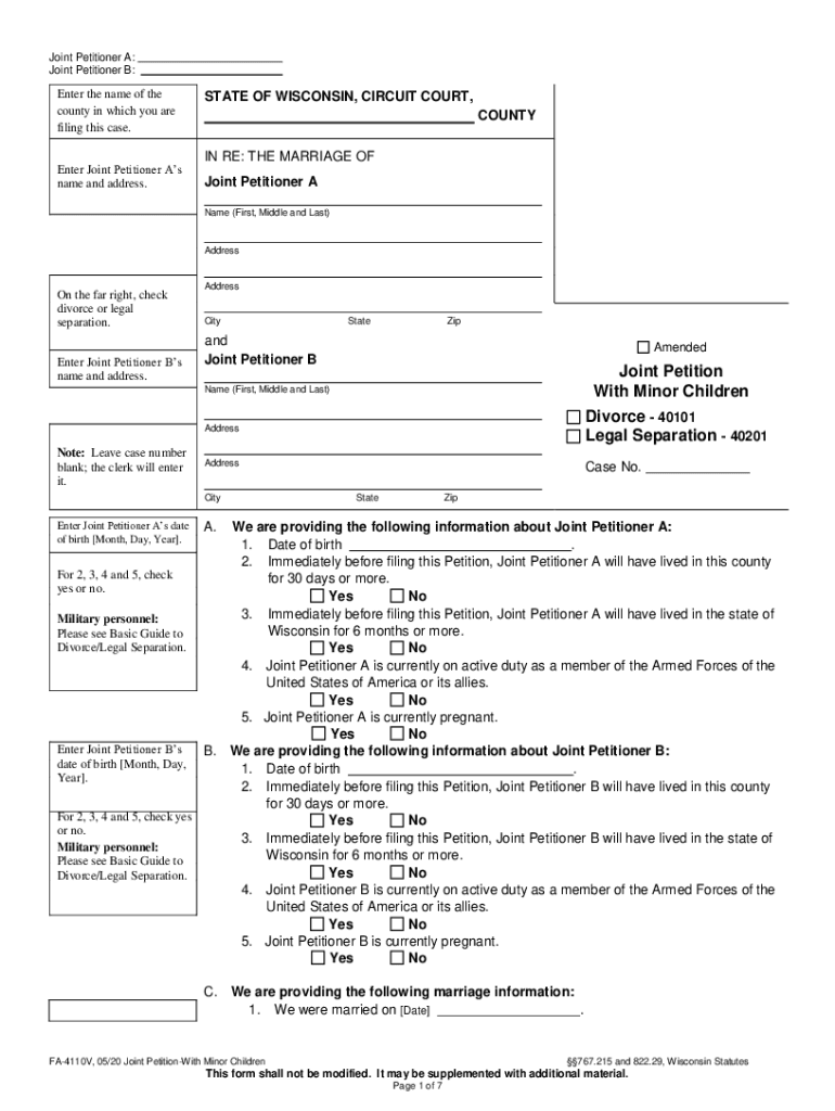  FA 4110 Joint Petition for DivorceLegal Separation with Minor Children 2020-2024