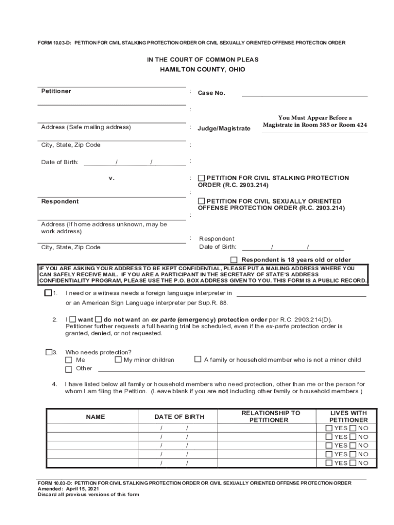  Form 10 03 D Petition for Civil Stalking Protection Order 2021-2024