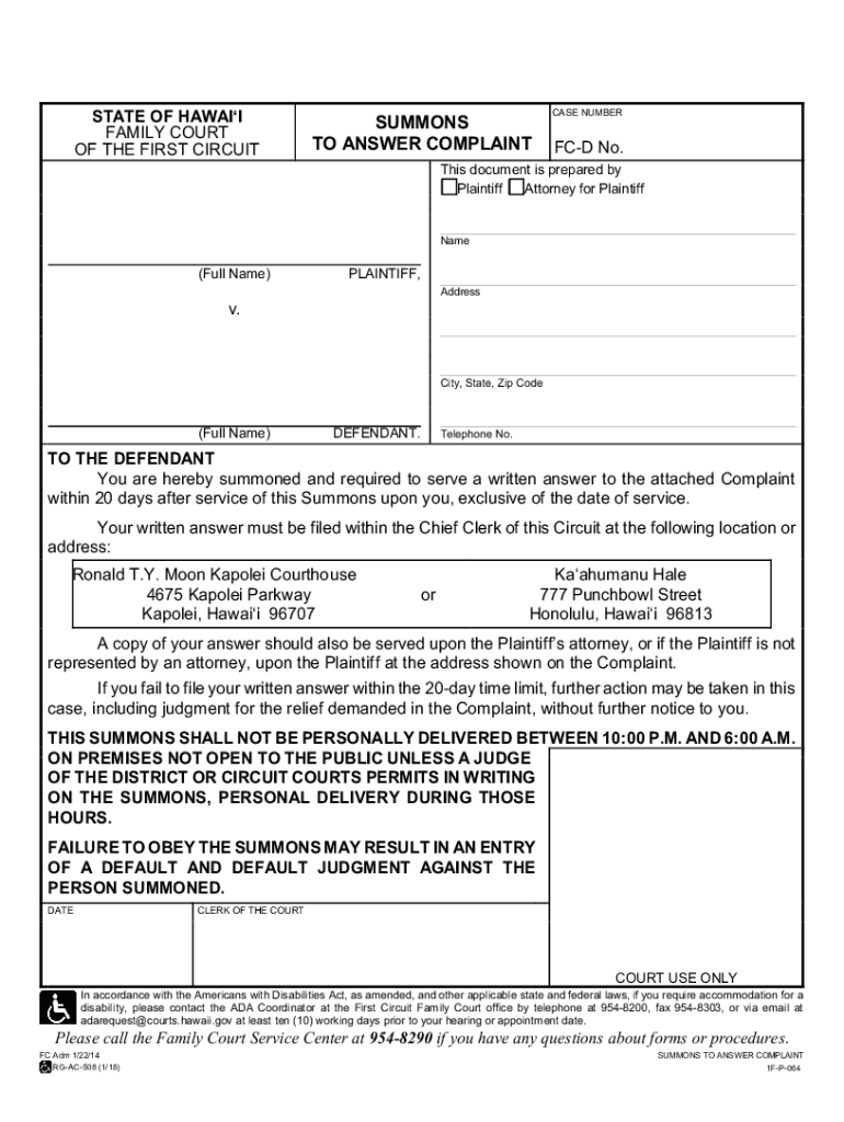  Hawaii Summons Fill Online, Printable, Fillable, Blank 2018-2024