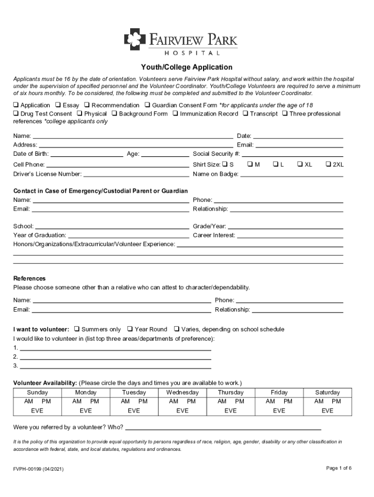 YouthCollege Application Q L Q XL Fairview Park Hospital  Form