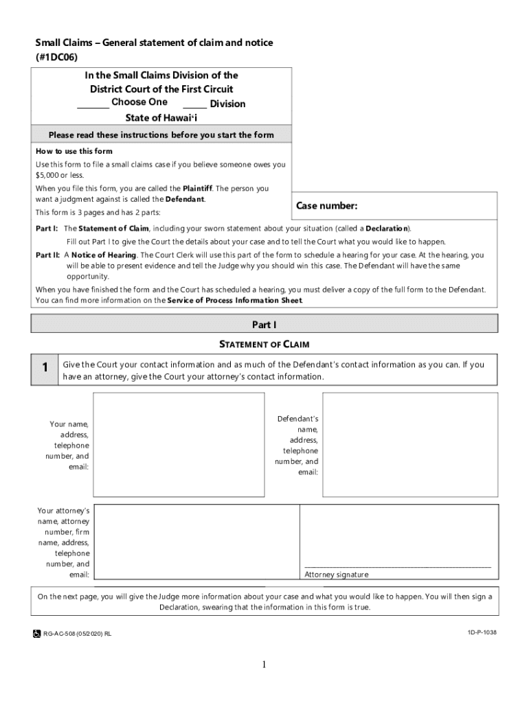  Small Claims General Statement of Claim and Notice #1DC06 2020-2024