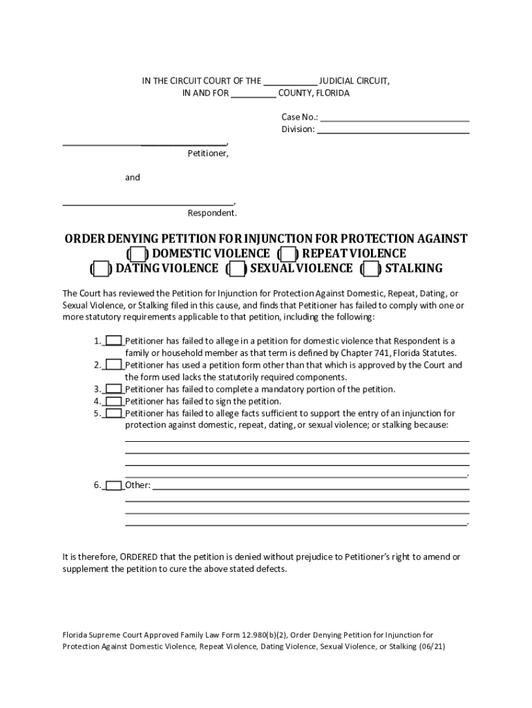  Florida Supreme Court Approved Family Law Form 12 980b2 Order Denying Petition for Injunction for Protection Against Domestic Vi 2021-2024