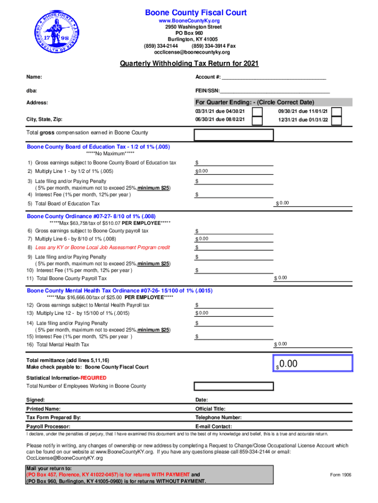  Amended Quarterly Withholding Form Boone County, KY 2021