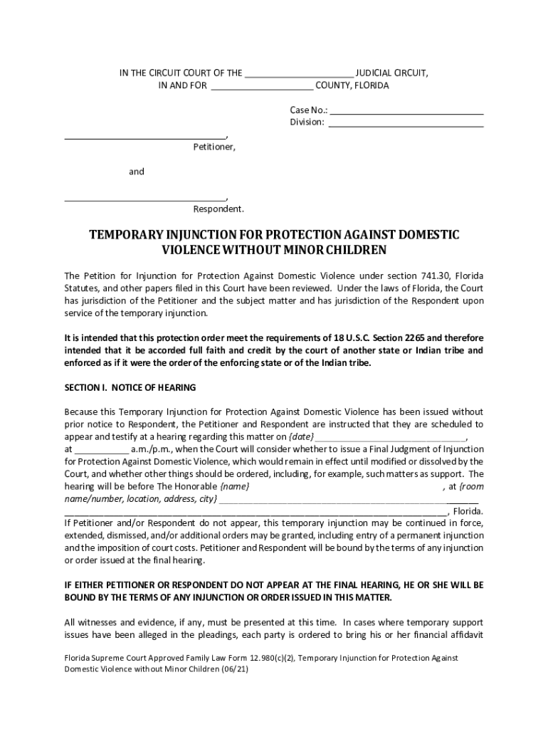  TEMPORARY INJUNCTION for PROTECTION AGAINST DOMESTIC VIOLENCE WITHOUT MINOR CHILDREN Family Law Forms 2021-2024