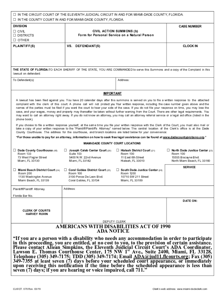  Civil Action Summons B Form for Personal Service on a Natural Person 2019-2024