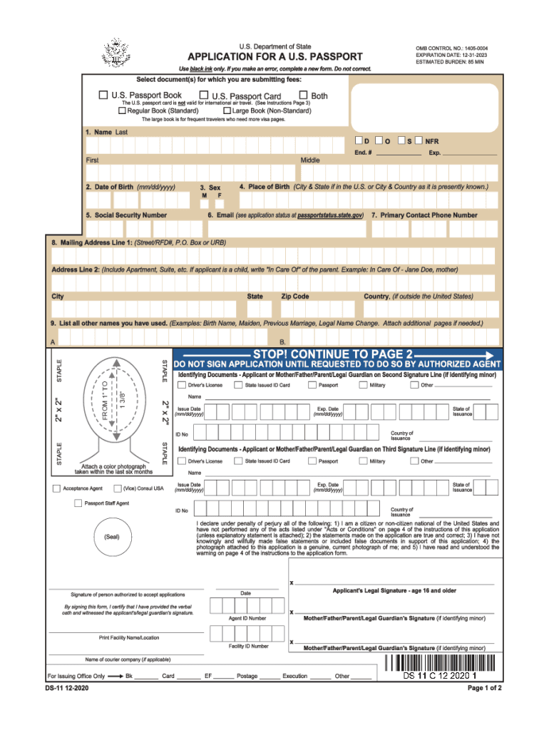 APPLICATION for a U S PASSPORT United States Department  Form