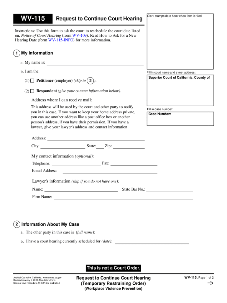 Get and Sign PDF CH 115 Request to Continue Court Hearing Temporary Restraining 2020-2022 Form