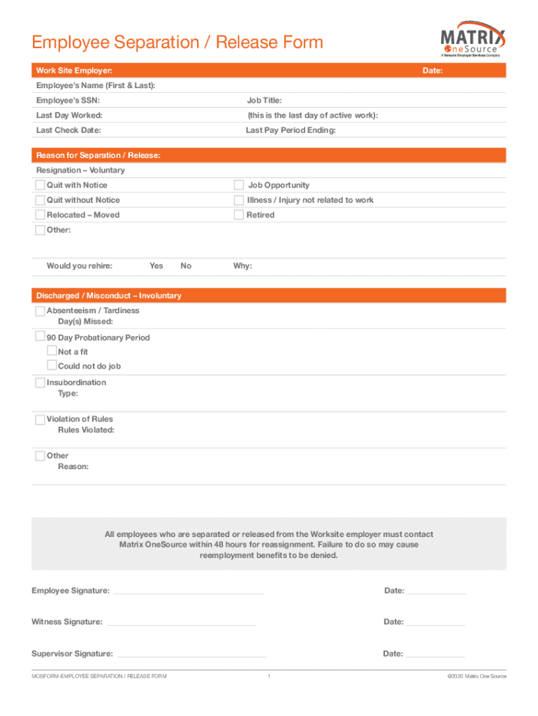 Employee Separation Release Form Work Site Emplo