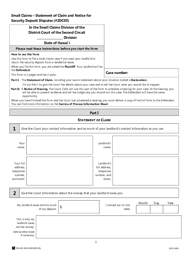  Small Claims Statement of Claim Hawaii State Judiciary 2020-2024