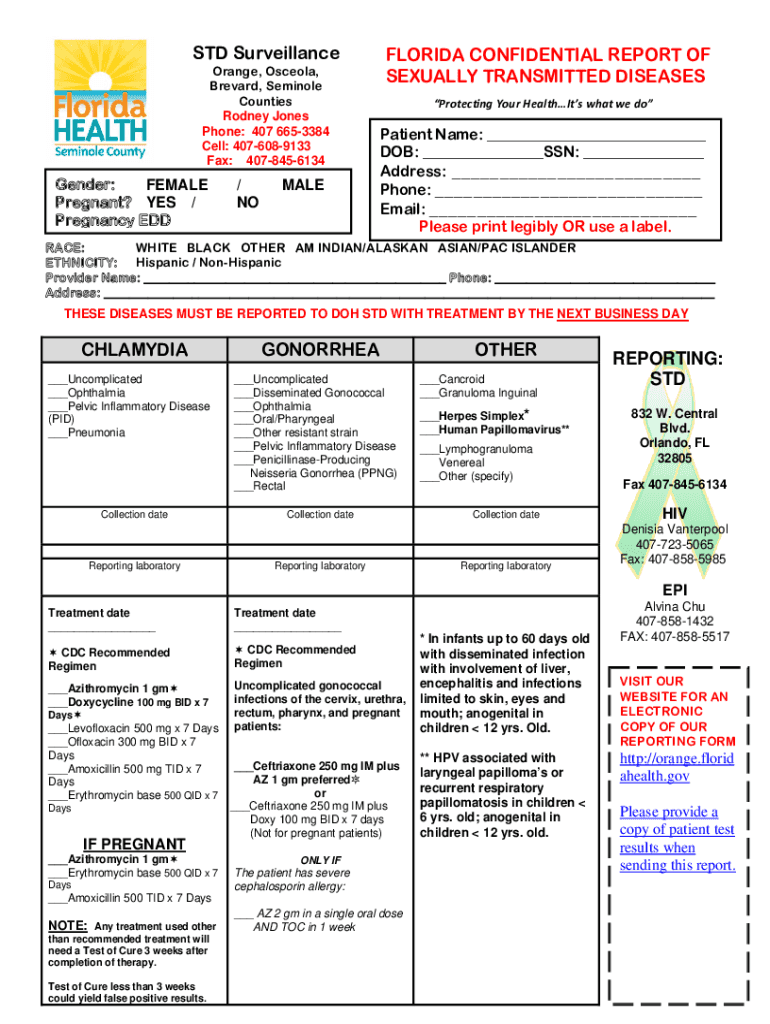 FLORIDA CONFIDENTIAL REPORT of SEXUALLY TRANSMITTED DISEASES CHLAMYDIA, GONORRHEA, OTHER  Form