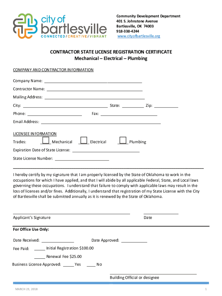 CONTRACTOR STATE LICENSE REGISTRATION CERTIFICATE  Form