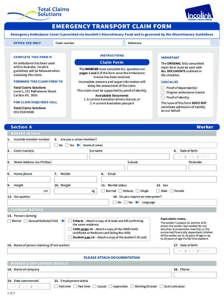  EMERGENCY TRANSPORT CLAIM FORM Emergency Ambulance 2019-2024