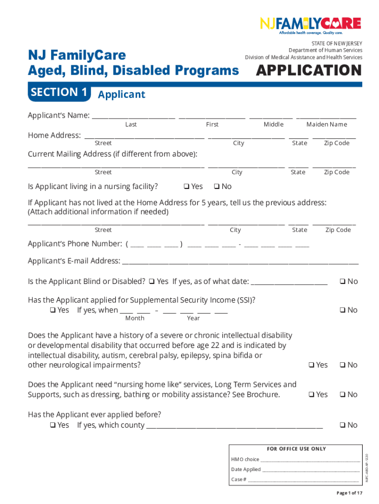  NJ FamilyCare Aged, Blind, Disabled Program Application 2020-2024