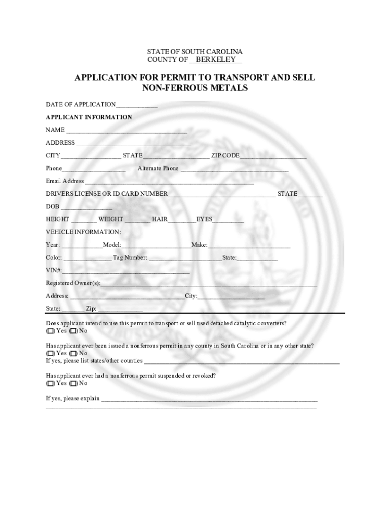 Scrap Metal Permit Berkeley County Sc Fill Online  Form