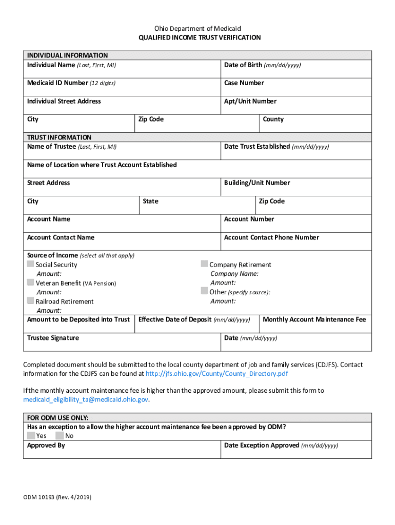 Ohio Medicaid Qualified Income Trust  Form