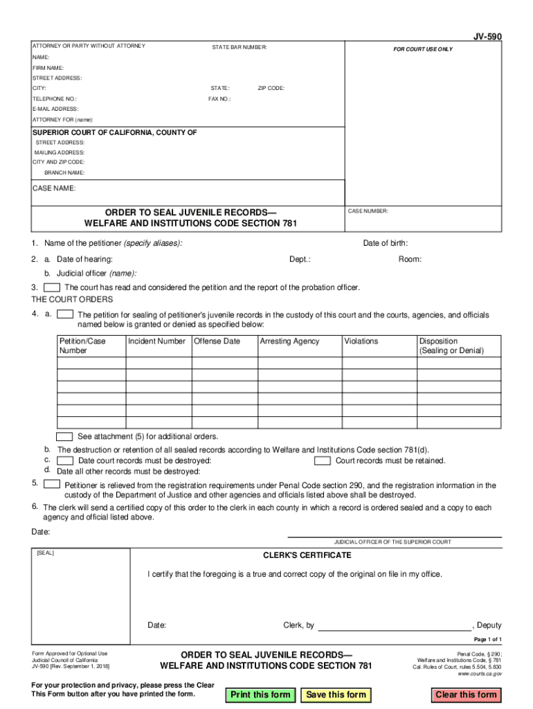  PDF JV 590 ORder to SEal Juvenile Records California Courts CA Gov 2018-2024