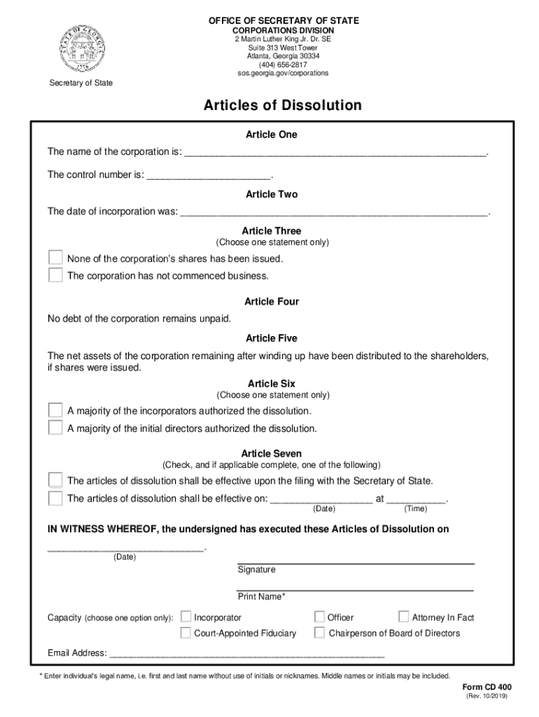 Instructions for Completing Form CD 400 Articles of