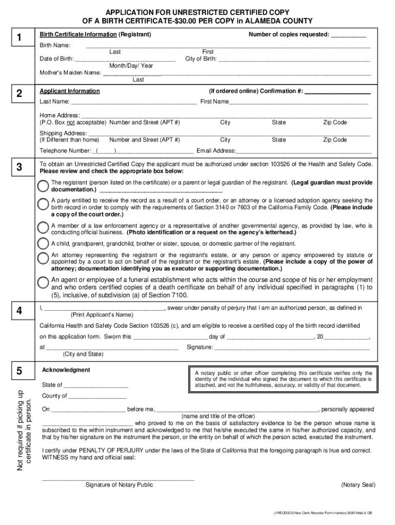 Alameda County Birth Certificate Application Form Fill