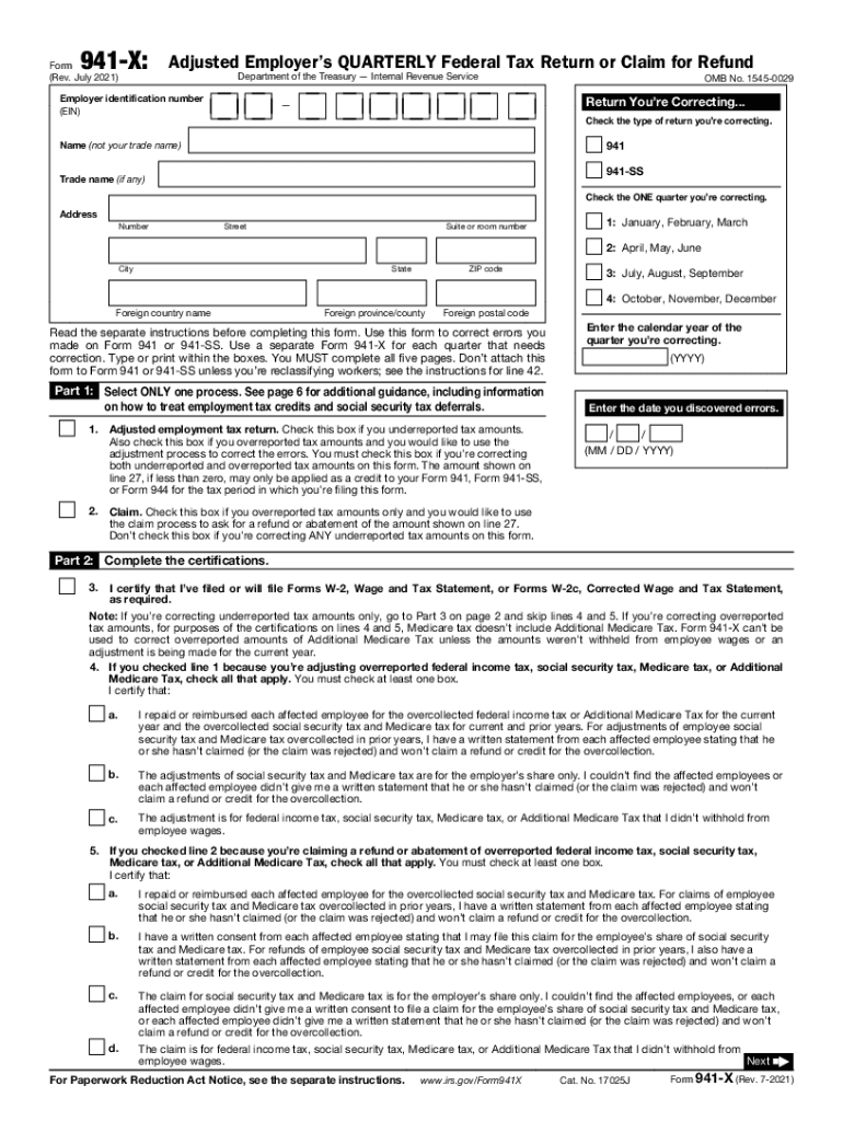  Form 941 X Rev July Adjusted Employer's Quarterly Federal Tax Return or Claim for Refund 2021