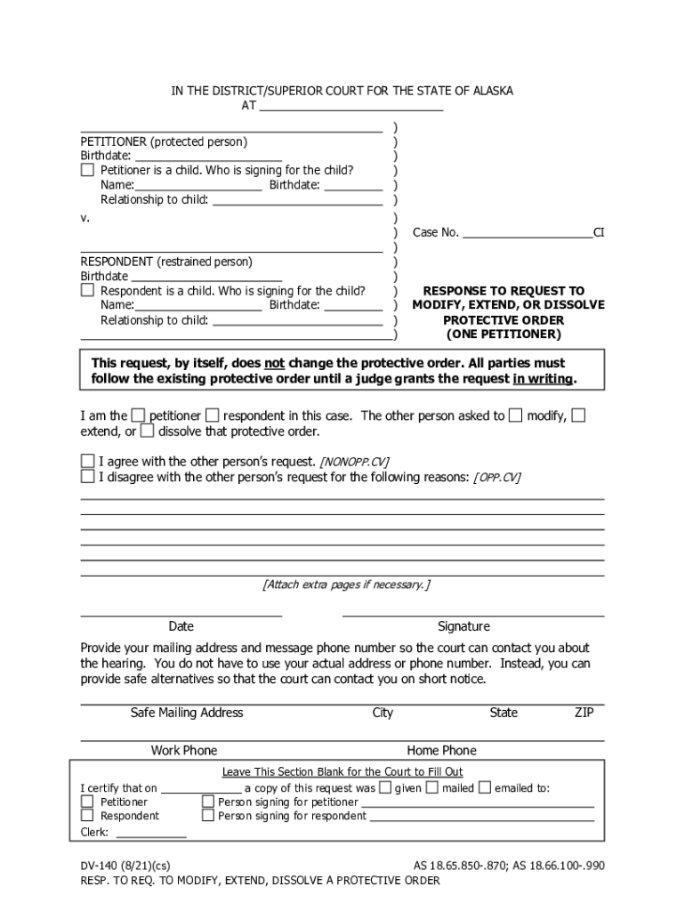 Get and Sign DV 140 Response to Request to Modify, Extend, Dissolve Protective Order 2021-2022 Form