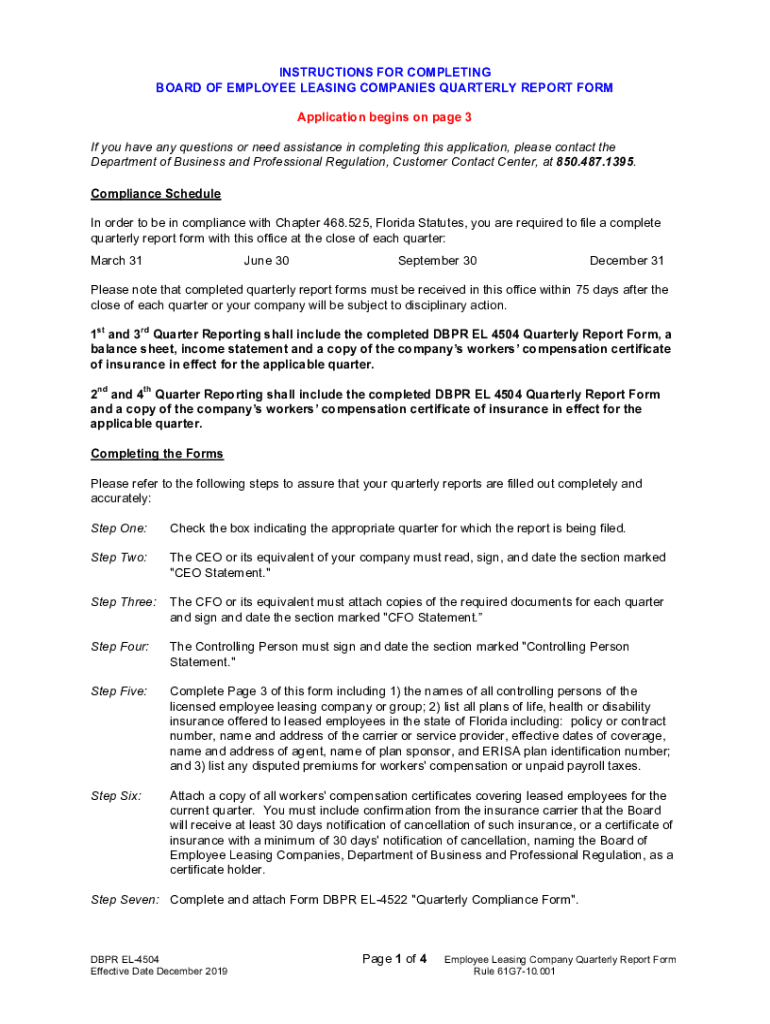  DBPR EL 4504 Quarterly Report Form MyFloridaLicense Com 2019-2024