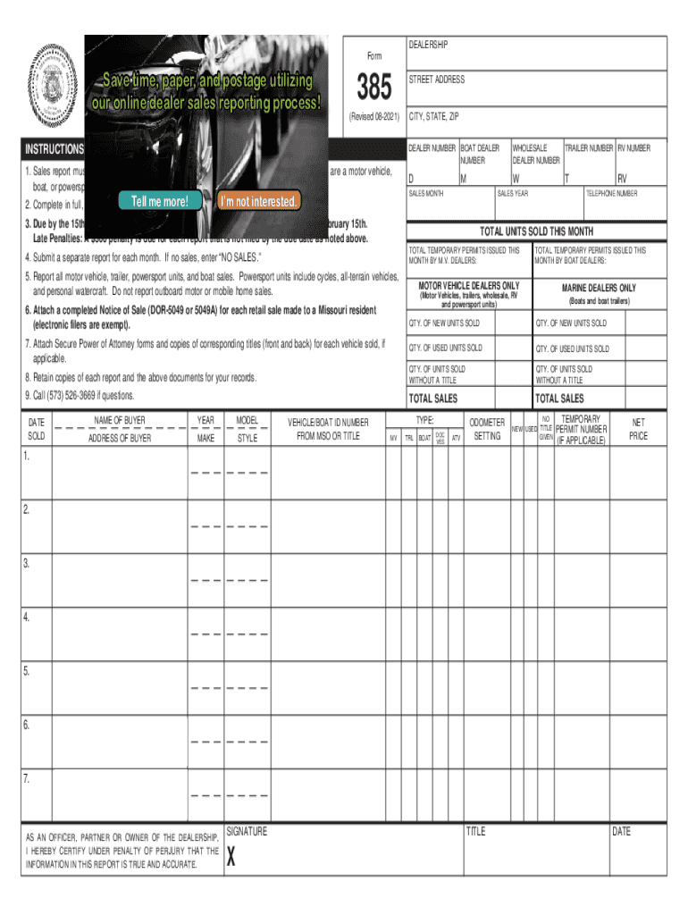  Form 385 Dealer Monthly Sales Repor 2021-2024