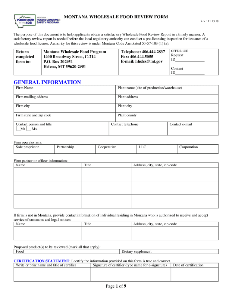  Montana Wholesale Food Review Form 2018-2024