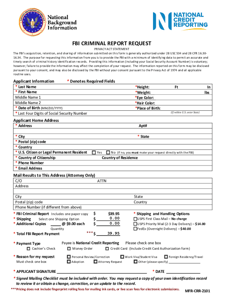 Fbi Criminal Report Request  Form