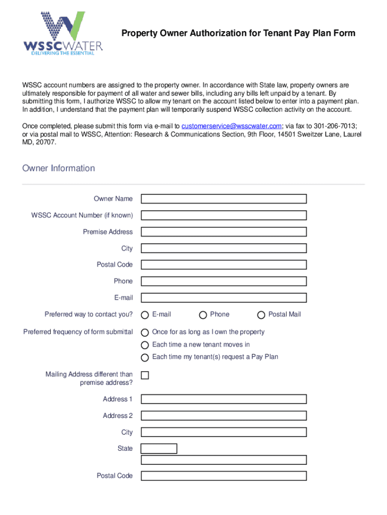  Property Owner Authorization for Tenant Pay Plan Form WSSC 2019-2024