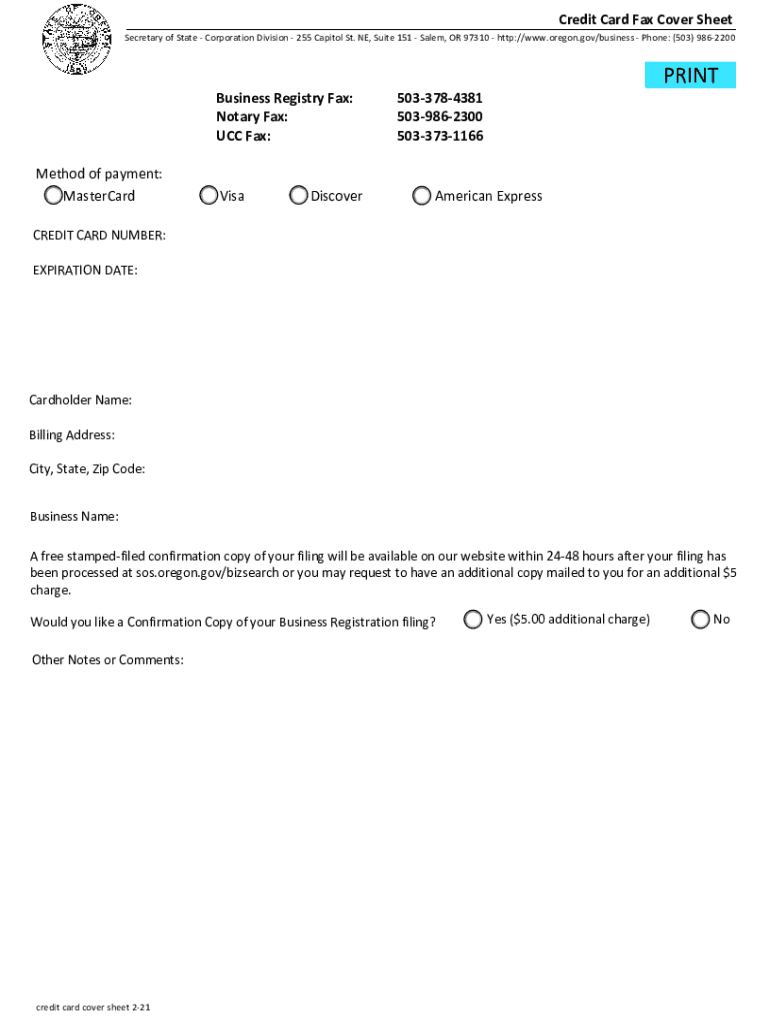  Form or SOS Credit Card Fax Cover Sheet Fill 2021-2024